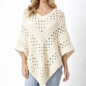 Cream Open-Stitch V-Neck Poncho hand crotched